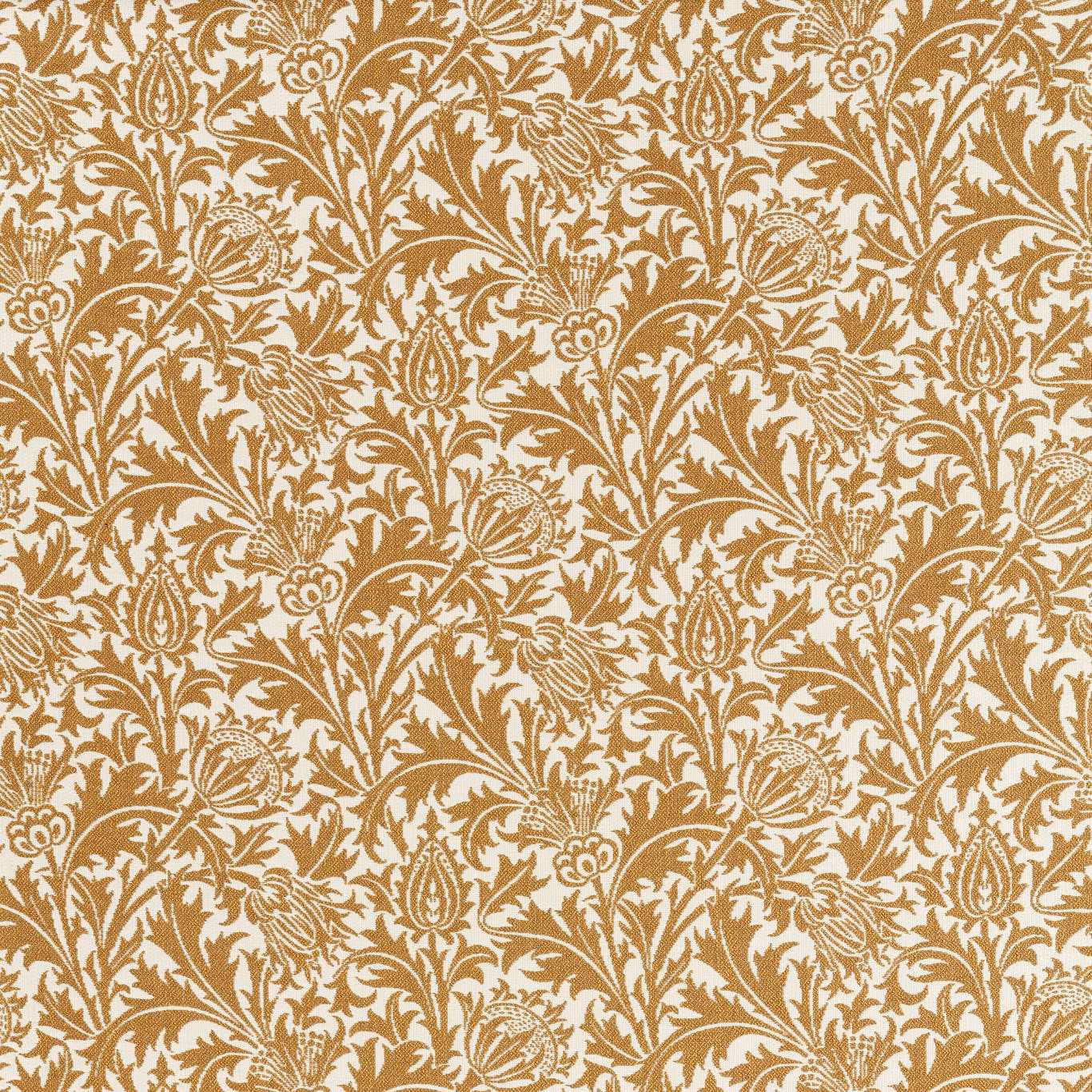 Ochre brown and cream woven botanical fabric with scrolling stems and paisley leaves