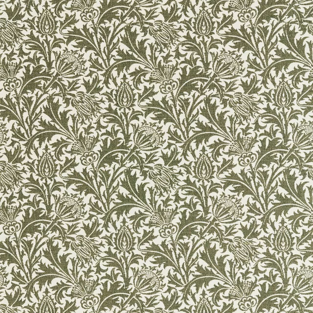 Muted olive-green thistle and leaf motifs on a pale cream ground