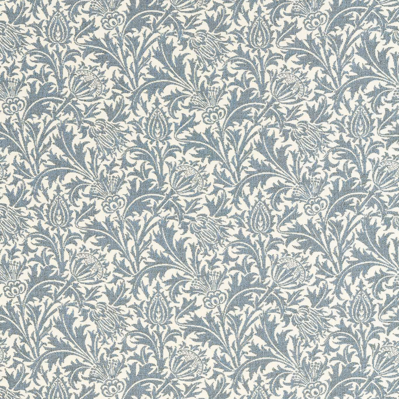 Ivory outdoor weave with dense blue-grey botanical foliage and stylised flowers