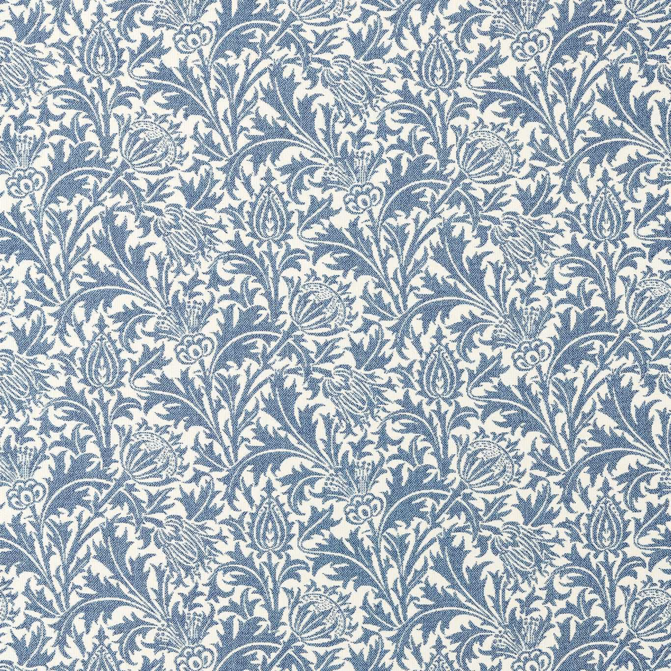 Muted woad blue and ivory floral thistle weave with dense scrolling stems