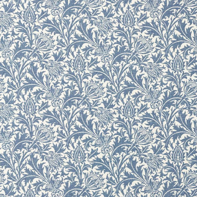 Muted woad blue and ivory floral thistle weave with dense scrolling stems