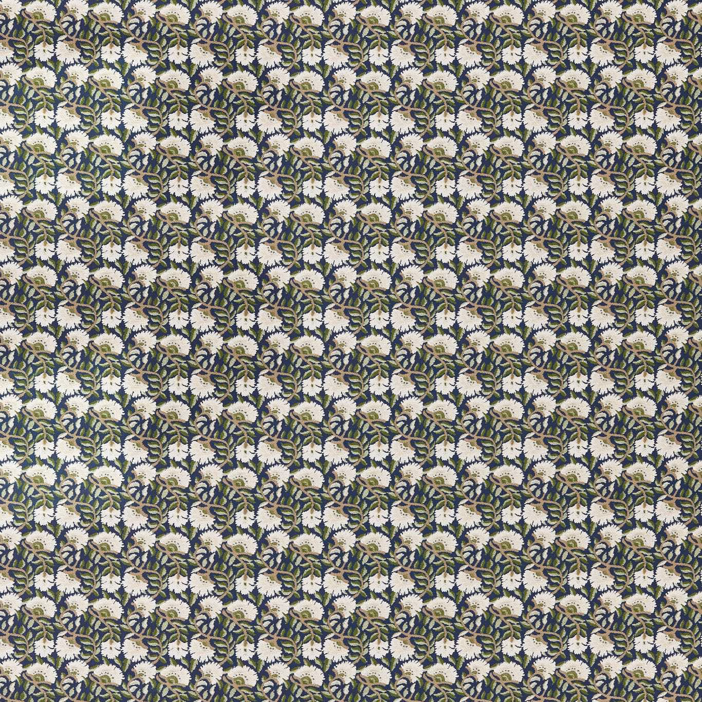 Dense indigo floral weave with cream blooms and olive foliage in a small repeat