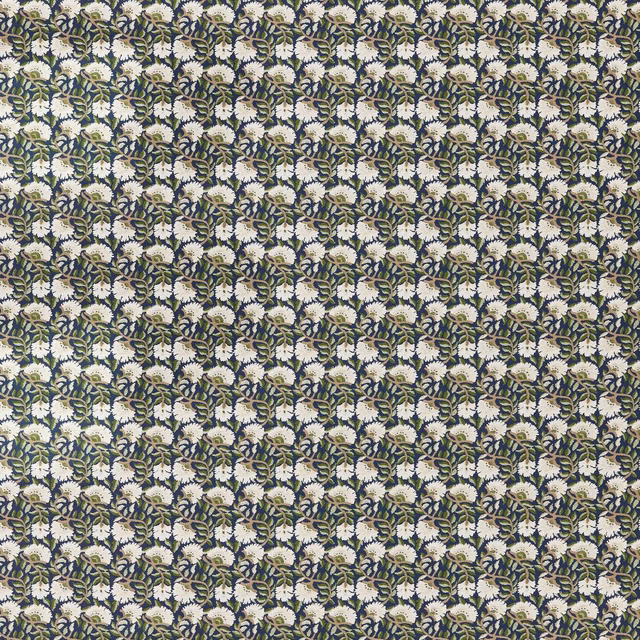 Dense indigo floral weave with cream blooms and olive foliage in a small repeat