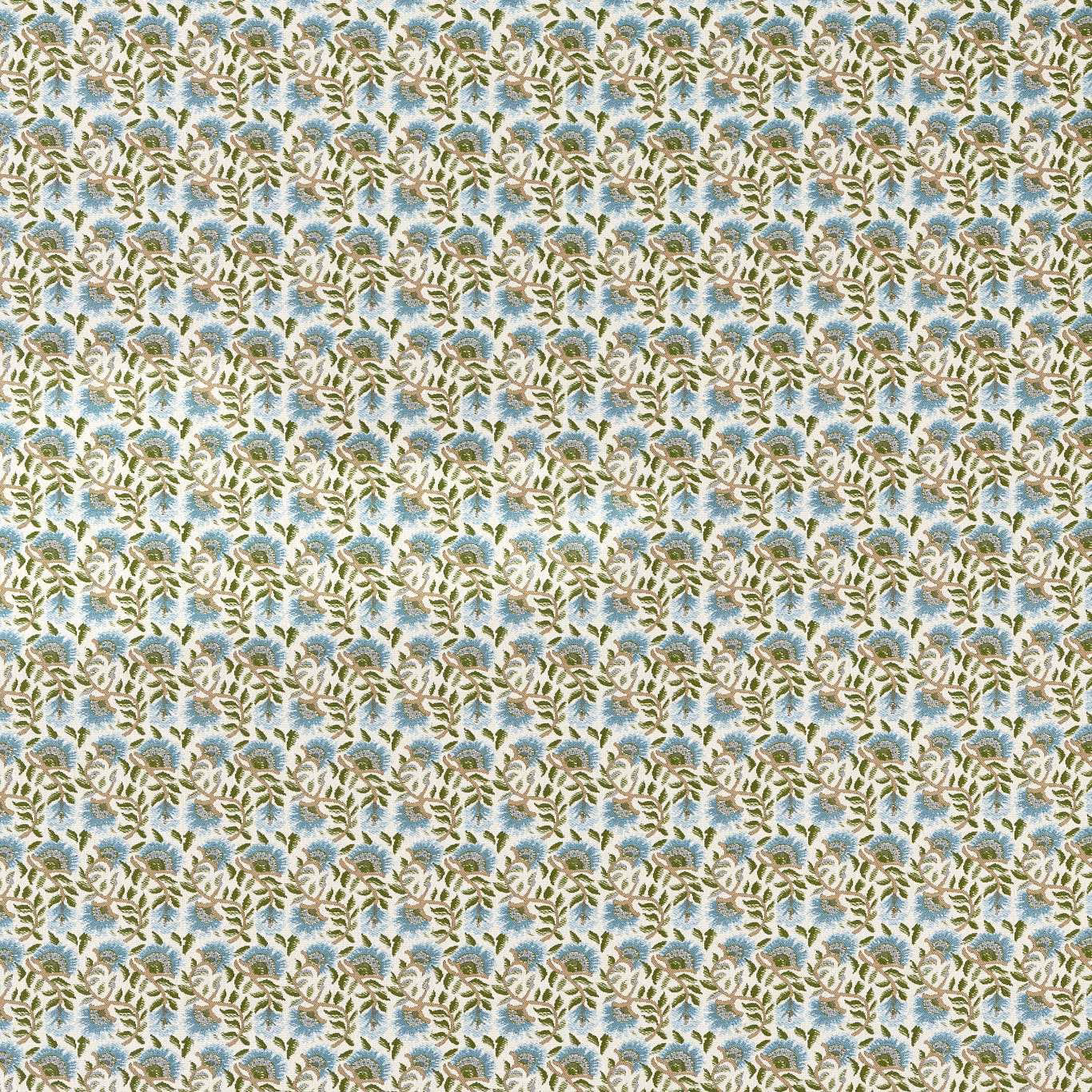 Mineral blue weave with cream flowers and olive leafy sprigs
