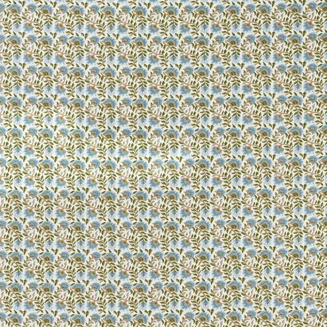 Mineral blue weave with cream flowers and olive leafy sprigs