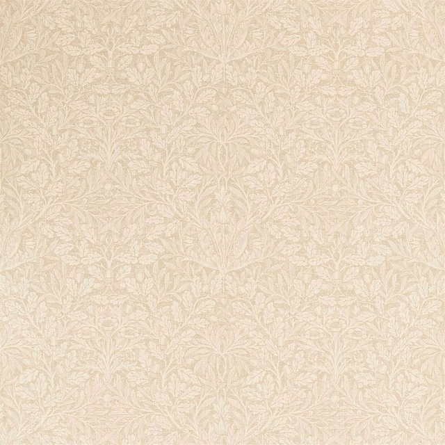 Pale cream-beige woven fabric with dense scrolling leaf and floral motifs