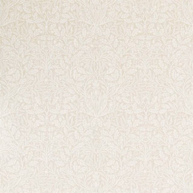 Chalky ivory woven textile with softly contrasted Morris botanical foliage and fine stems