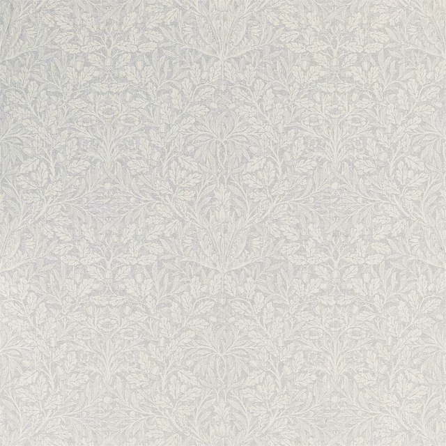 Pale mineral-grey Morris botanical weave with delicate ivory foliage and dense tonal texture