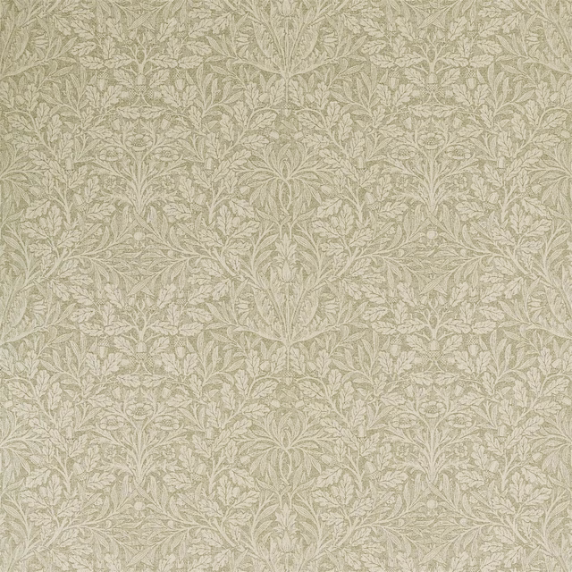 Muted moss-olive woven fabric with dense pale leafy stems and curling botanical detail