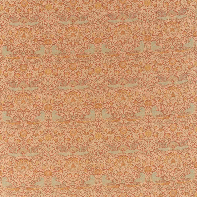 Brick terracotta woven fabric with pale sage birds and dense scrolling foliage