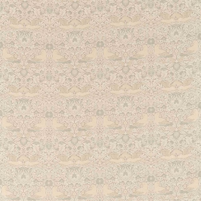 Pale mineral taupe woven fabric with dense birds, leaves and scrolling floral motifs