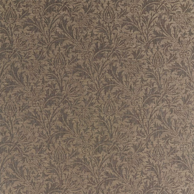 Muted taupe-grey woven fabric with dense charcoal botanical leaves and scrolling stems