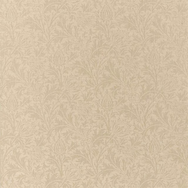 Stone-beige woven textile with delicate low-contrast thistle stems and leafy tendrils