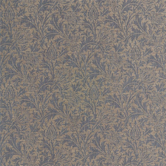 Slate blue-grey woven fabric with taupe thistles, curling leaves and dense botanical texture