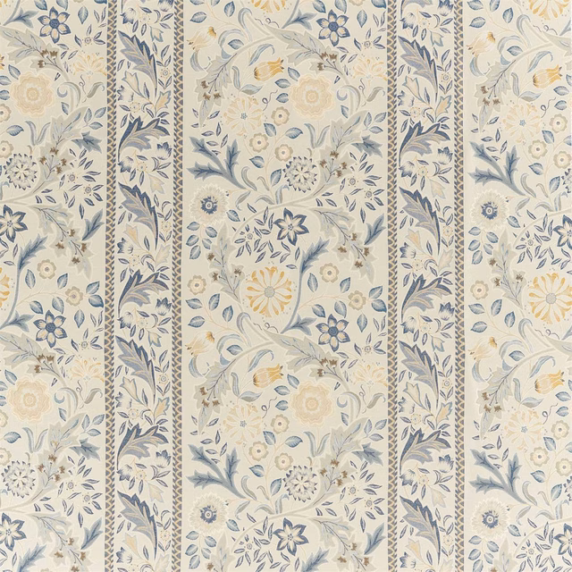 Muted indigo and cream floral stripes with ochre flowers in a textured woven fabric