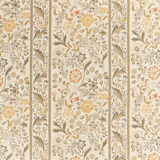 Cream botanical textile with sage leaves, ochre flowers and vertical patterned panels