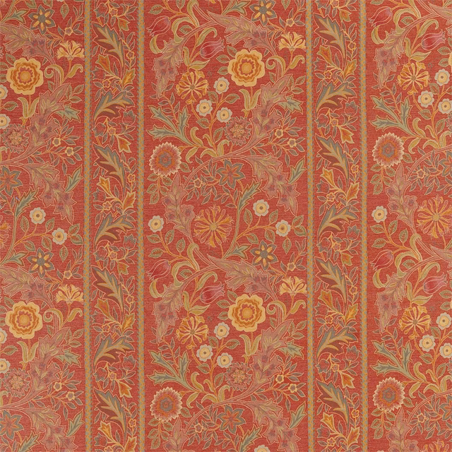 Rust-red woven fabric with framed ochre and sage floral panels
