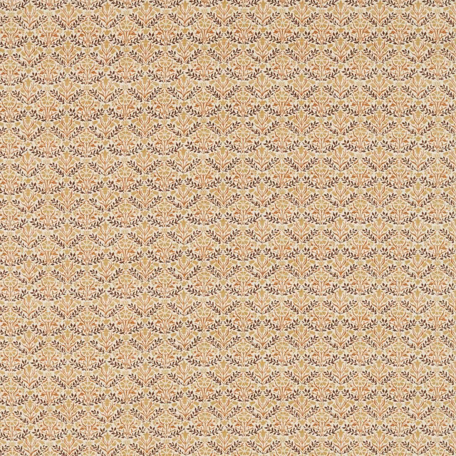 Warm tan Bellflowers fabric with dense chocolate floral motifs and fine muted blue-grey detail