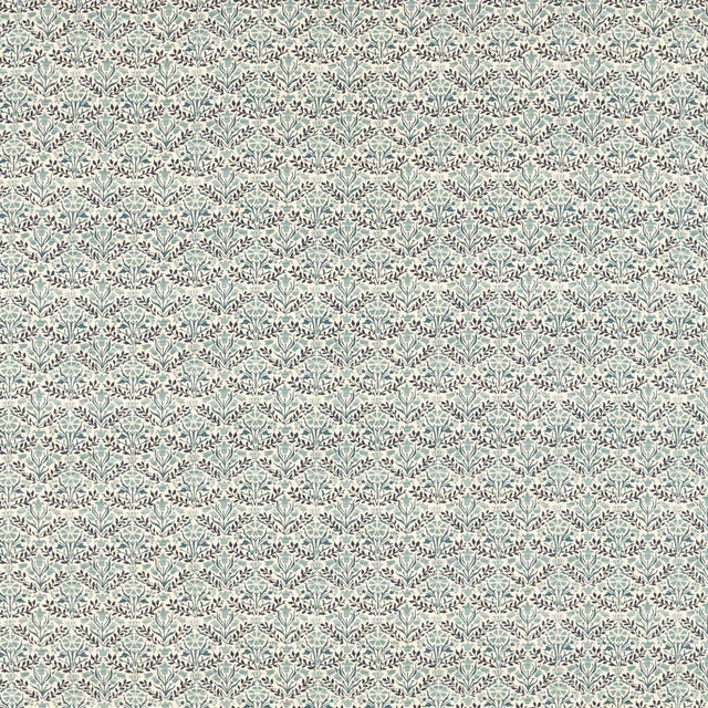 Pale seagreen fabric with dense indigo bellflower sprigs and a fine textured weave
