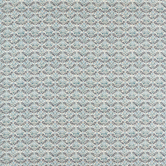 Pale mineral-blue fabric with small grey bellflowers and scrolling foliage in a tight woven repeat