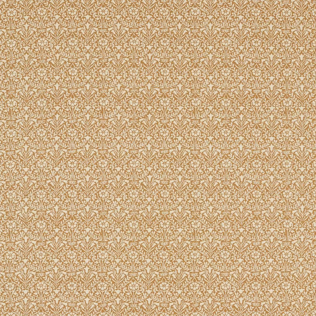 Warm bark taupe woven fabric with dense cream bellflower motifs and fine floral texture