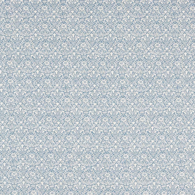 Pale mineral-blue woven ground with dense white bellflower sprigs and fine texture