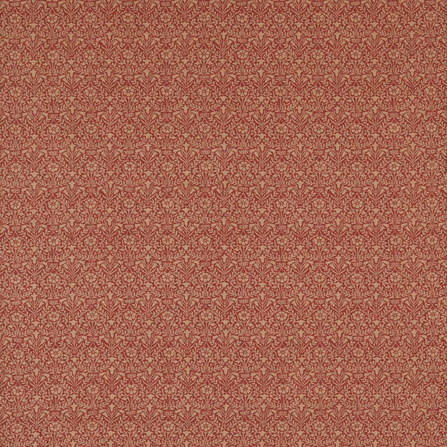 Muted russet brown woven fabric with tiny pale bellflower and scrolling foliage motifs