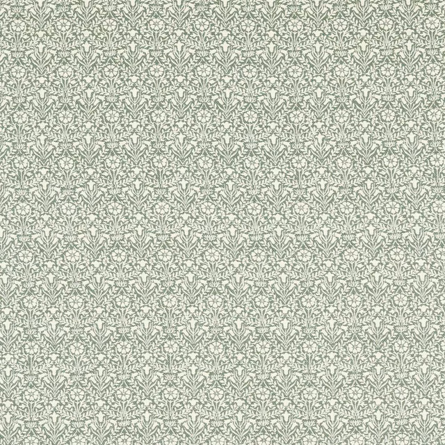 Muted seagreen woven ground with dense pale bellflower and leaf motifs