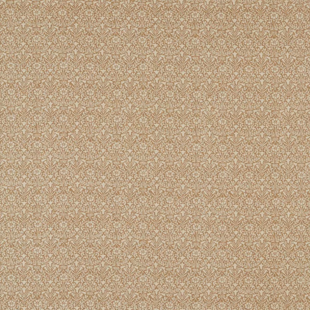 Warm wheat beige woven fabric with tiny pale bellflower motifs and fine texture