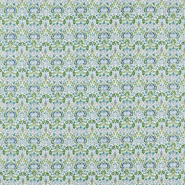 Dense small floral chintz in sage green, woad blue and cream with leafy motifs