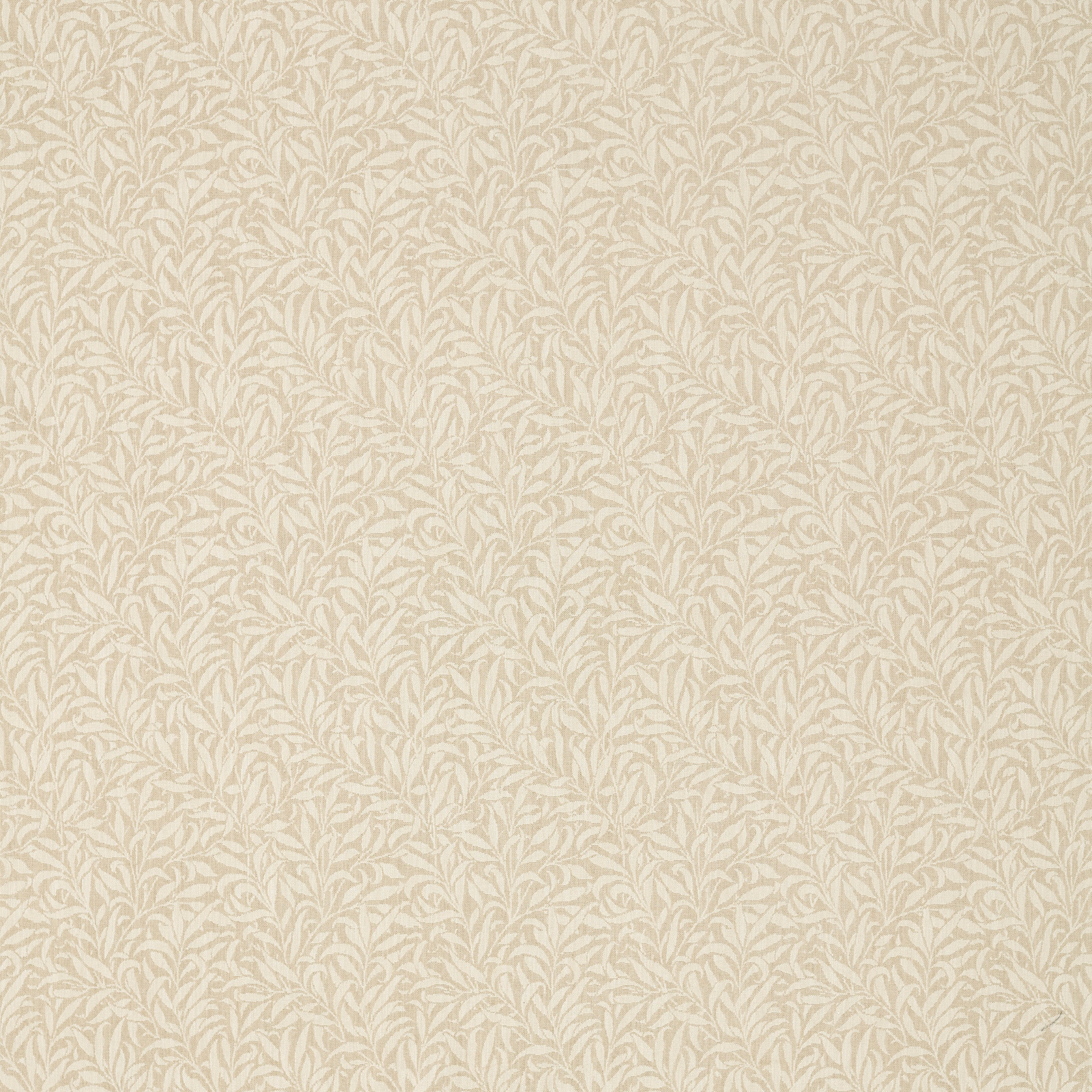 Flax beige woven fabric with pale ivory willow branches and fine leafy texture
