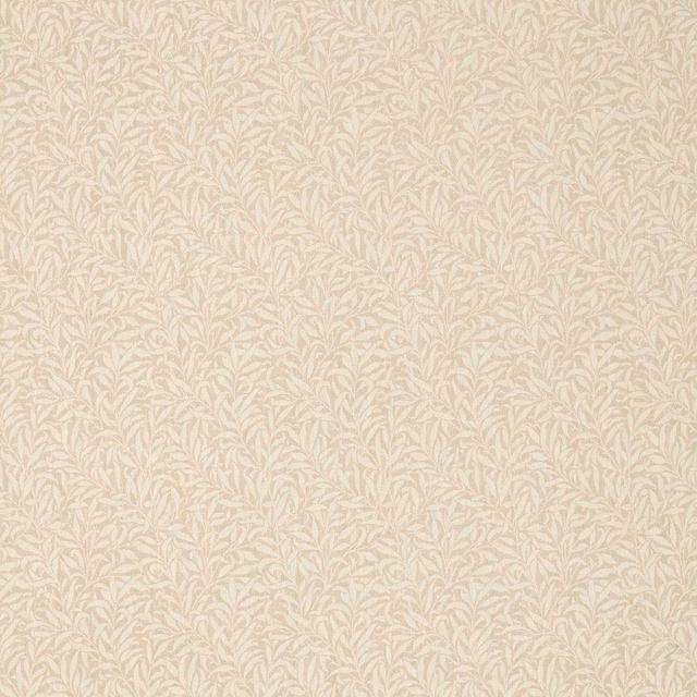 Flax beige woven fabric with pale ivory willow branches and fine leafy texture