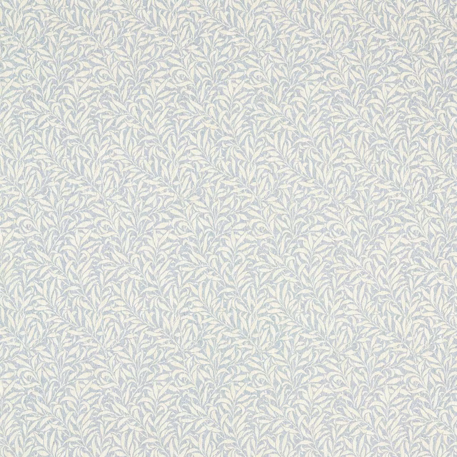 Pale mineral-blue woven ground with dense cream willow leaves and fine stems