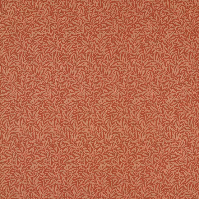 Russet woven fabric with dense pale willow leaves and fine textured botanical detail
