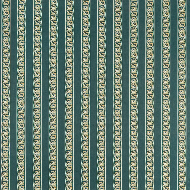 Close-up of muted blue-green striped fabric with cream scrolling motifs and woven texture