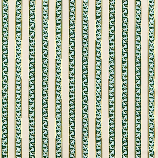 Forest-green botanical stripes with fine red accents on a linen ground