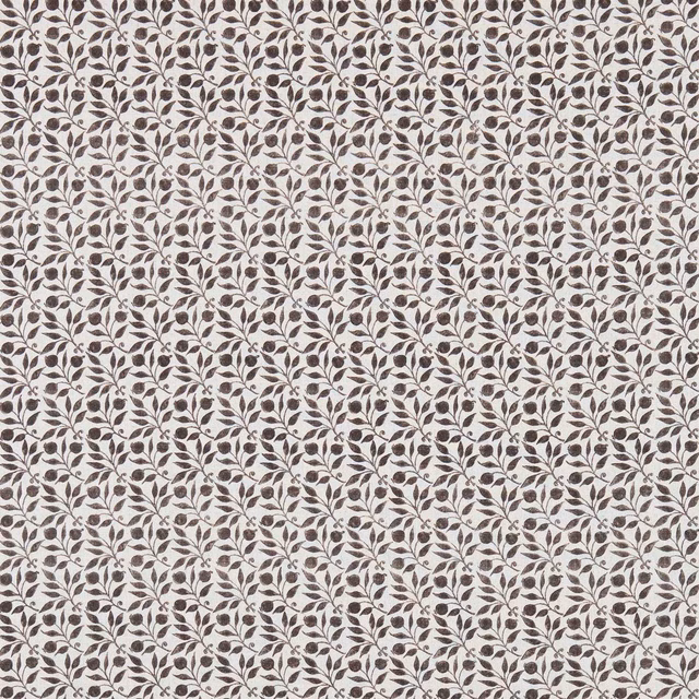 Dense black leafy sprigs on a warm ecru Rosehip textile swatch