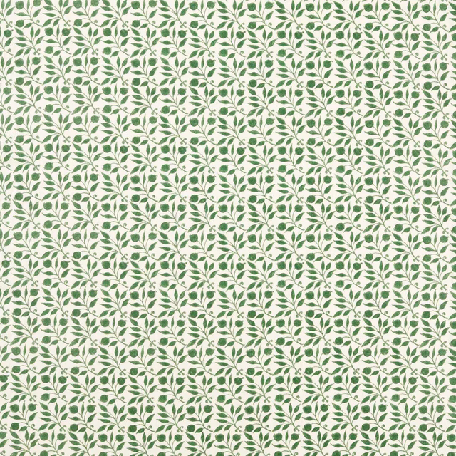 Sage-green leafy vines in a small repeat across a warm cream fabric swatch