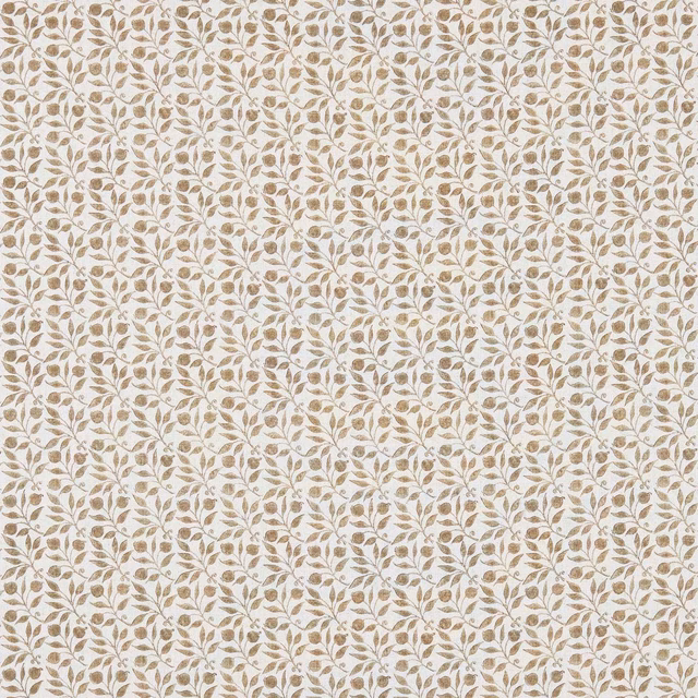 Warm ecru fabric with closely spaced taupe leafy vines in a small repeat