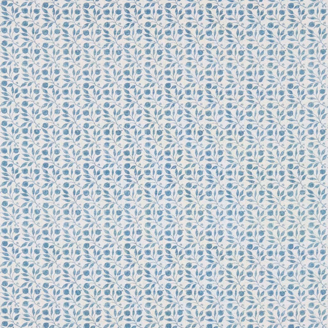 Muted mineral-blue leafy sprigs in fine vertical rows on an ivory ground