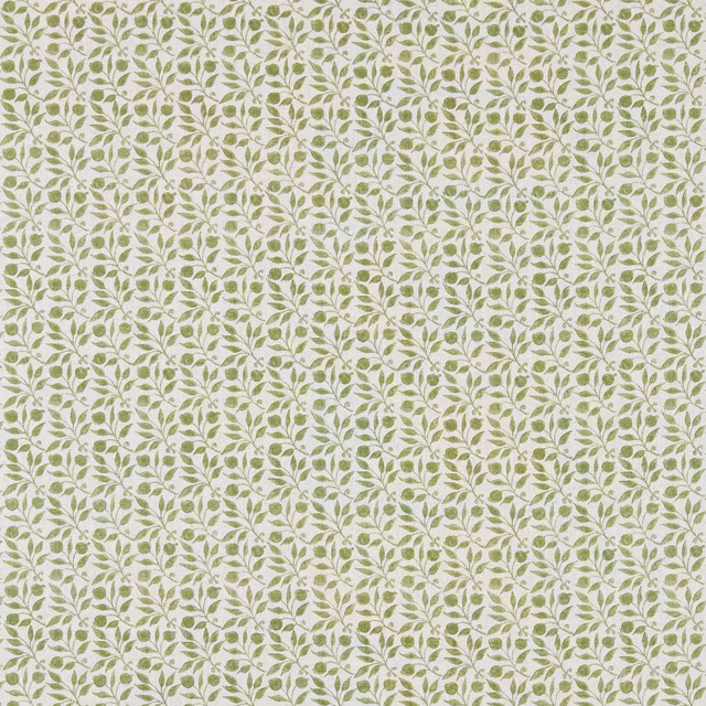 Ivory fabric with closely spaced muted sage leafy sprigs and fine woven texture