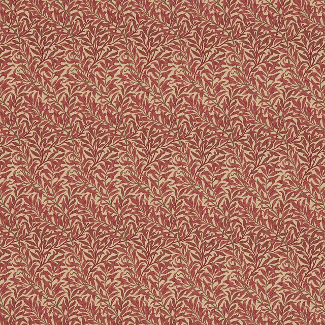 Deep crimson fabric with tightly packed manilla leafy vines and fine surface texture