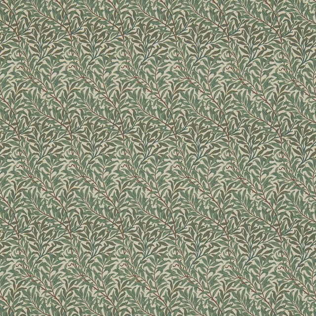Muted sage fabric with cream willow leaves and fine brown branching stems