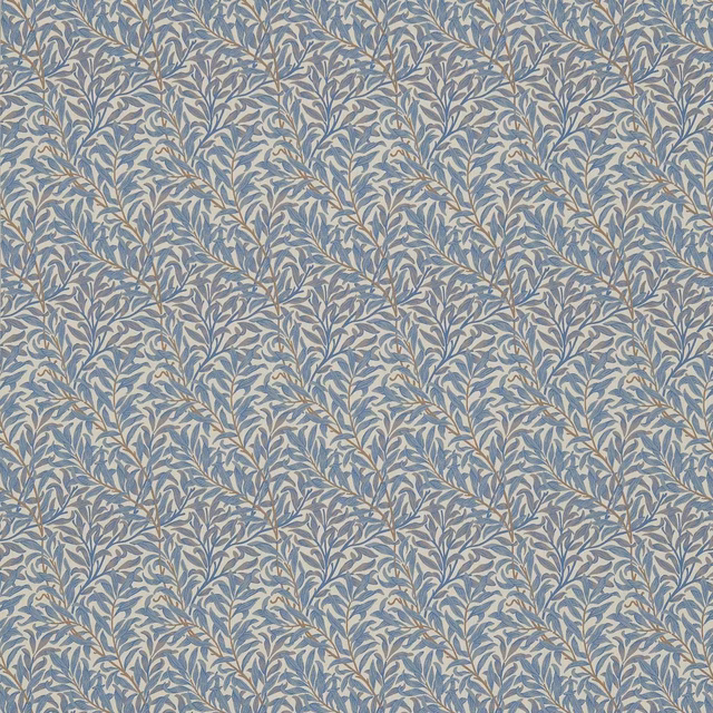 Dusty mineral-blue fabric with dense woad leafy branches and pale foliage accents