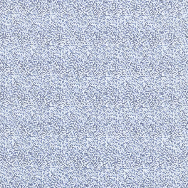 Powder-blue fabric densely patterned with fine white willow-leaf sprigs