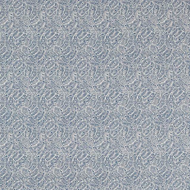 Cool ink blue-grey fabric with dense pale leaf sprigs and fine textile texture