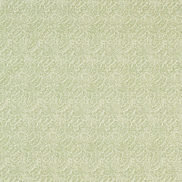 Pale sage fabric with dense fine white leaf-like strokes in a softly textured weave