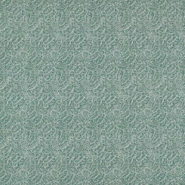Muted seagreen fabric with dense pale branching leaf motifs and a softly textured surface