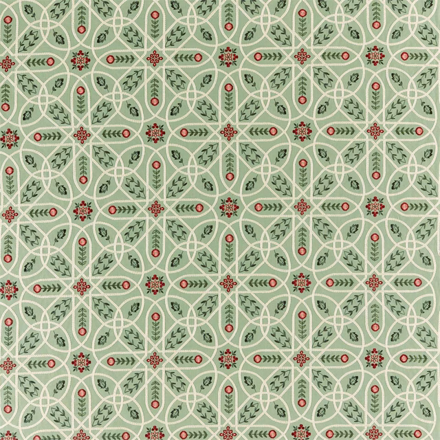 Bayleaf green embroidered lattice with cream loops and small red floral stars