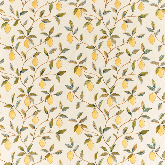 Cream embroidered ground with bayleaf leaves, brown stems and lemon-yellow fruit